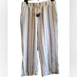 Harmony & Havoc Large Blue & White Striped Linen Blend Pull On Boho Beachy Pants